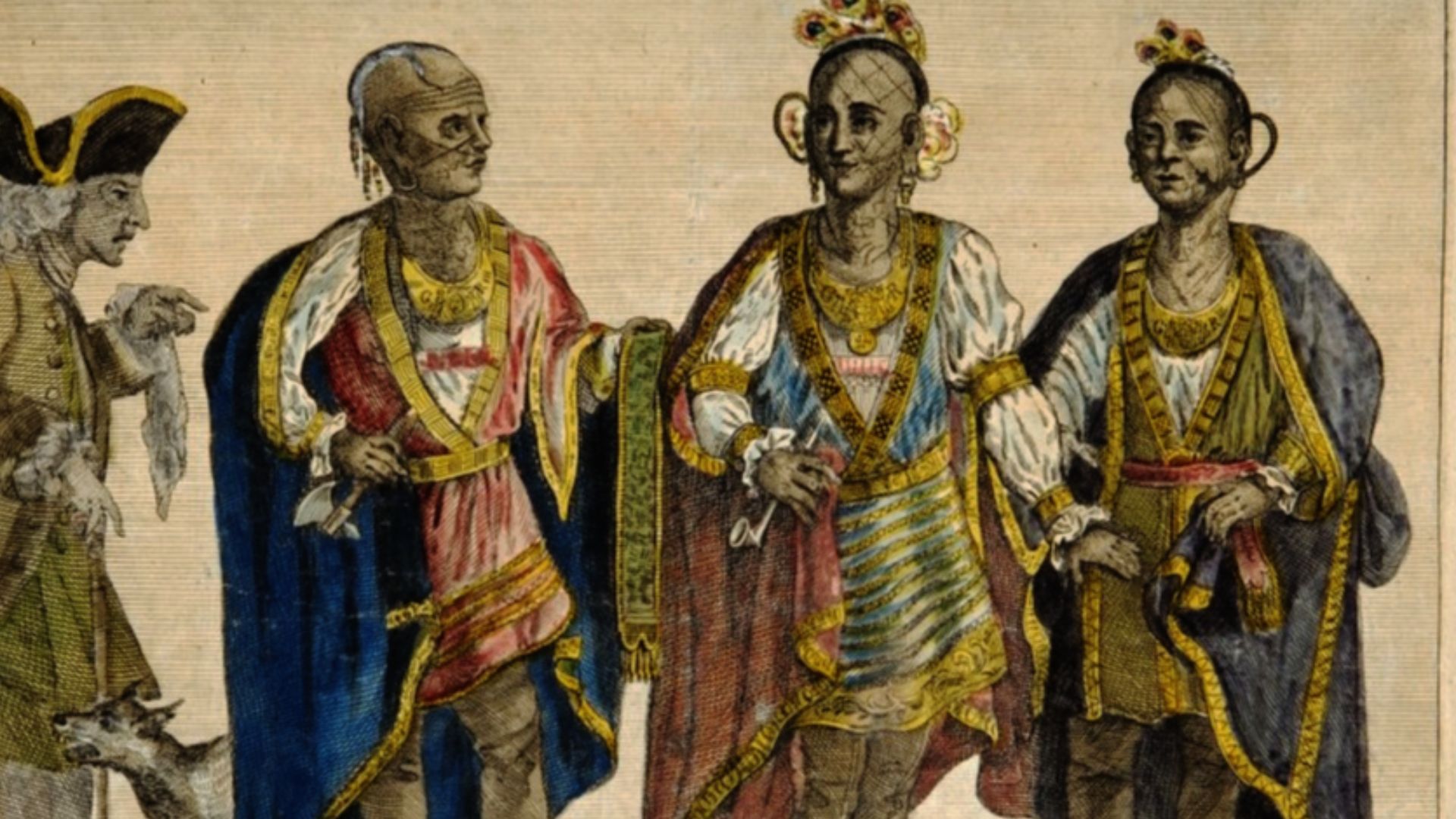 Trois Cherokees, ambassadeurs pour conclure une paix avec le Royaume-Uni en 1762.
Outacite [Pouting Pigeon],  Austenaco [Ostenaco] & Cunne Shote [Conocotocko II or Standing Turkey] sont accompagné dans ce voyage par Henry Timberlake qui rendra compte de l