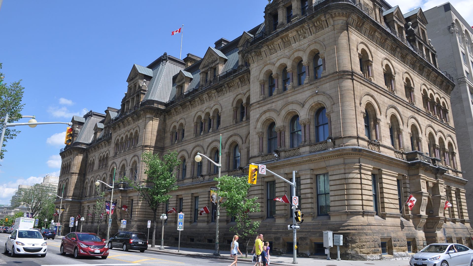 A far shot of the Langevin Block, the first federal govt. building to be built outside the precints of the Parliament buildings. The Langevin Block is an office building facing Parliament Hill in Ottawa, Canada. As the home of the Privy Council Office and