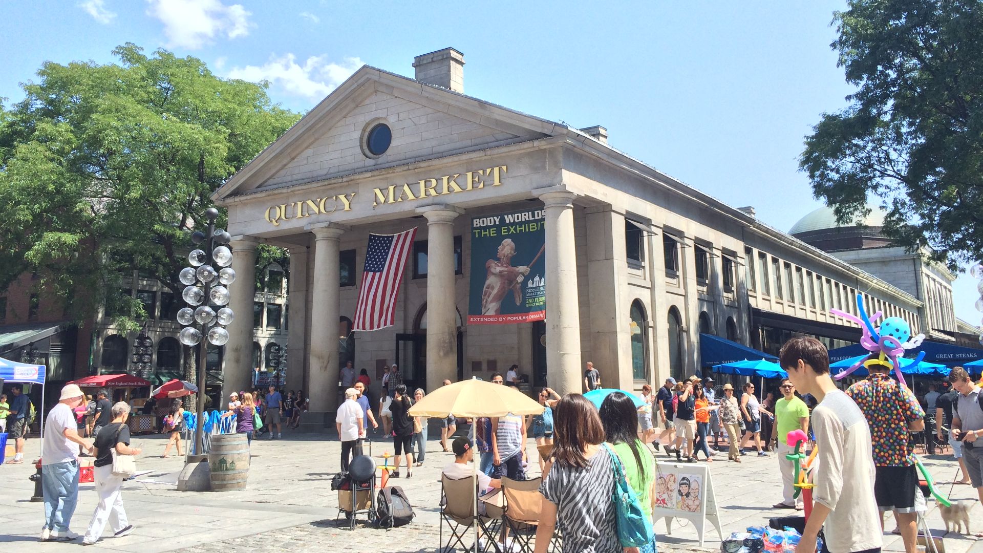 Quincy Market open for weekend shopping in Boston, Massachusetts.
