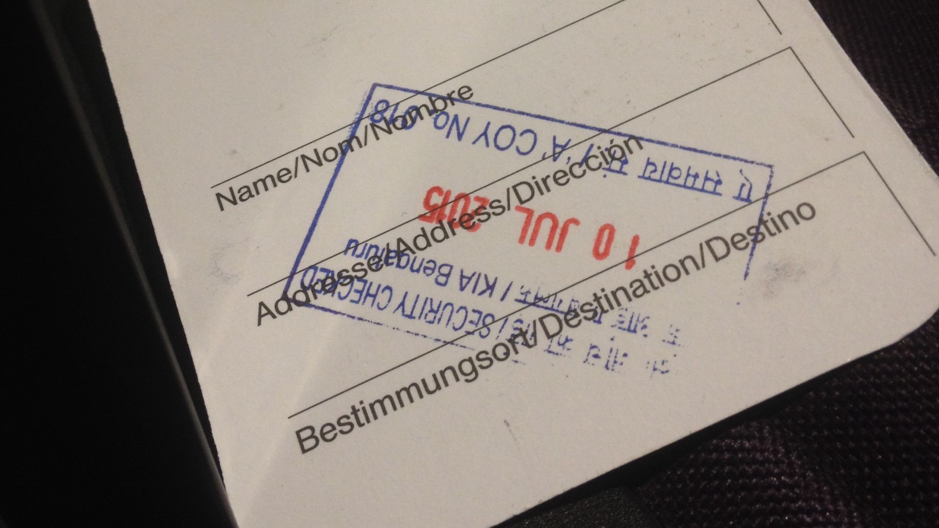 Lufthansa cabin luggage tag with stamp.