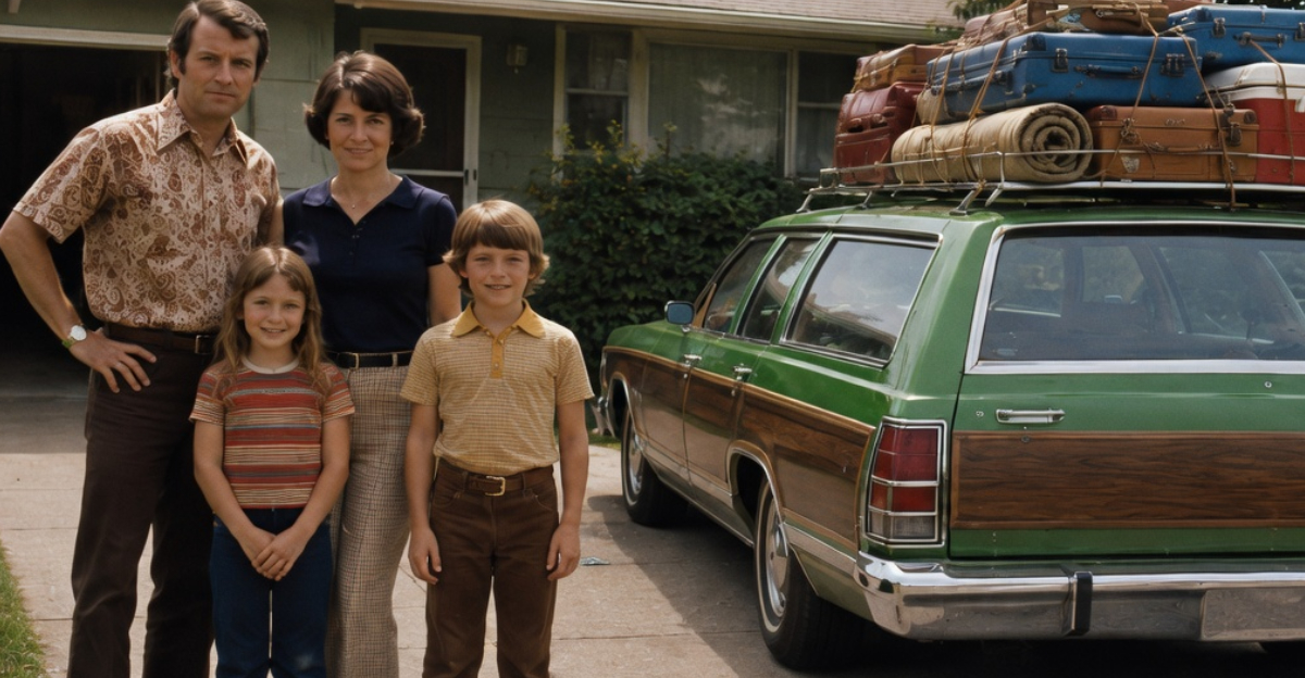 1970s family next to packed station wagon