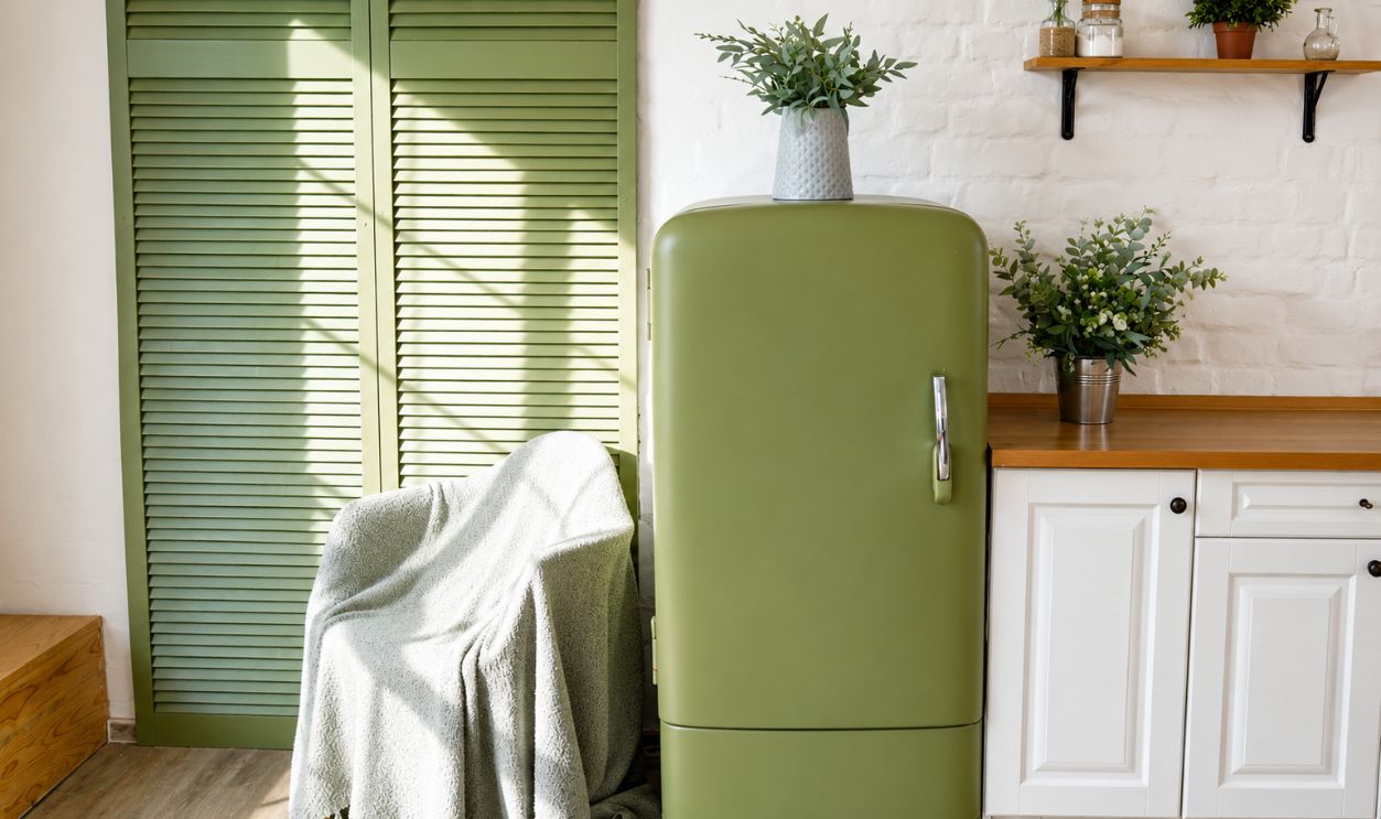 bright green kitchen interior with wooden floor, white furniture, shelves and houseplants in pots