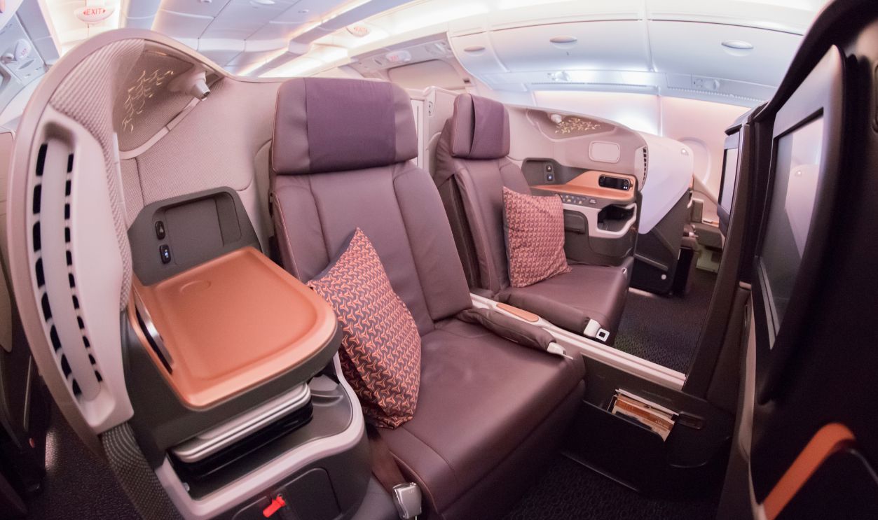 MARCH 2,2018: Sydney to Singapore flight. Interiors of a New A380 Business Class introduced in 2018 by Singapore Airlines- Singapore's flagship airline.