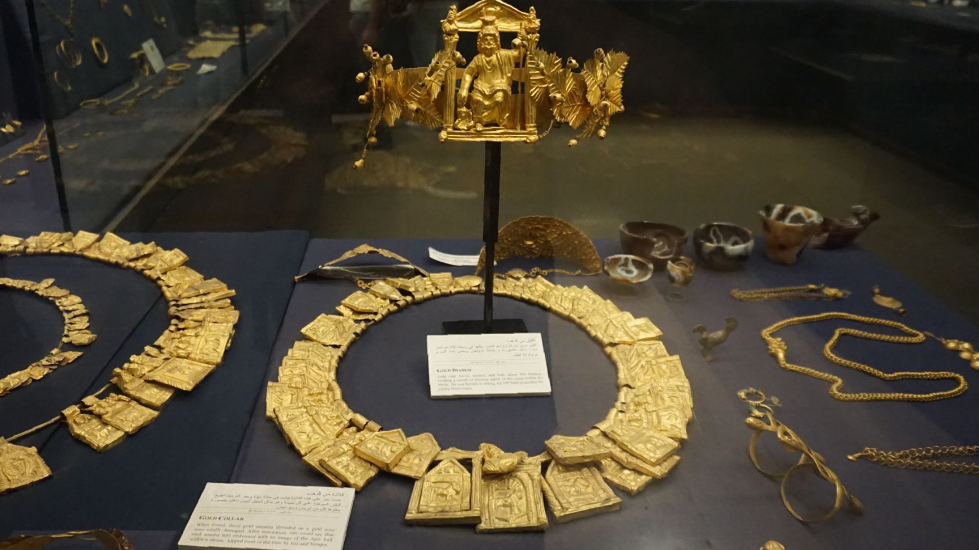 The Treasure of Dush, found in Dush, Egypt, consists of a gold Diadem, two bracelets and a necklace of 187 gold plates. It was found compressed into a large case hidden in the wall of a Roman fort, not far from a temple dedicated to Serapis and Isis. It w