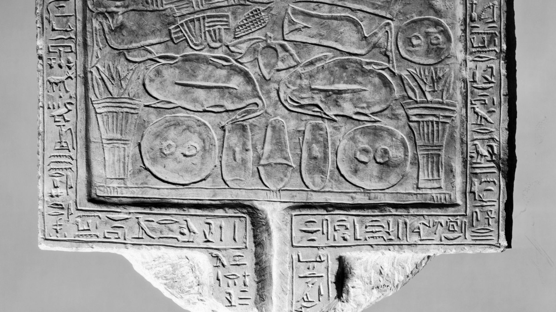 The offering table was an essential element of the funerary cult and was usually placed near the deceased's tomb in an offering niche or chapel. If the cult ceased to function, the carved images of food and drink on the table served as magical substitutes