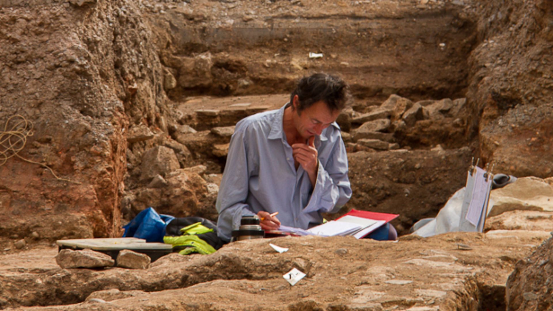 Archaeological excavations in car park of the old Alderman Newton School, just off St Martins around the corner from Greyfriars. The archaeologist in the trench is at the site where the bones of a female were discovered. This was not a burial, but a charn