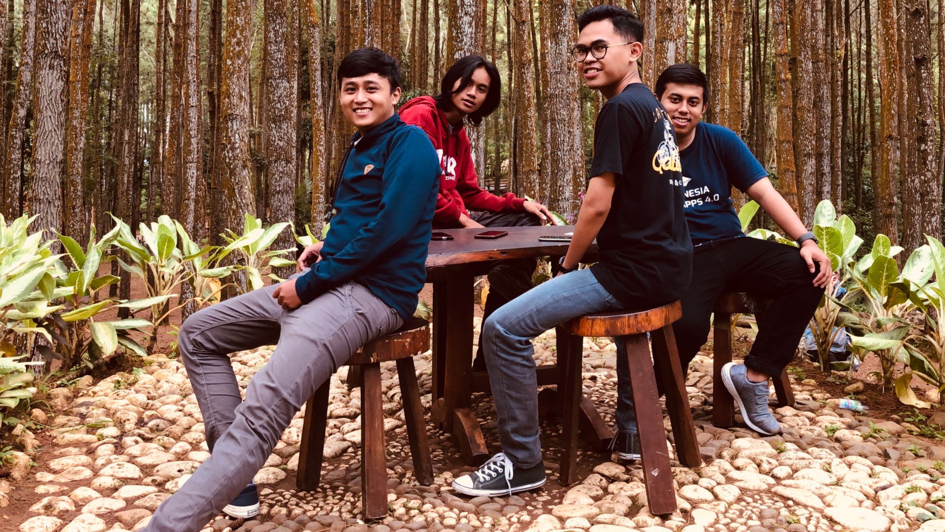 our photo while on vacation in the Mangunan pine forest, Yogyakarta, East Java. a Cozy place to gather with friends.
