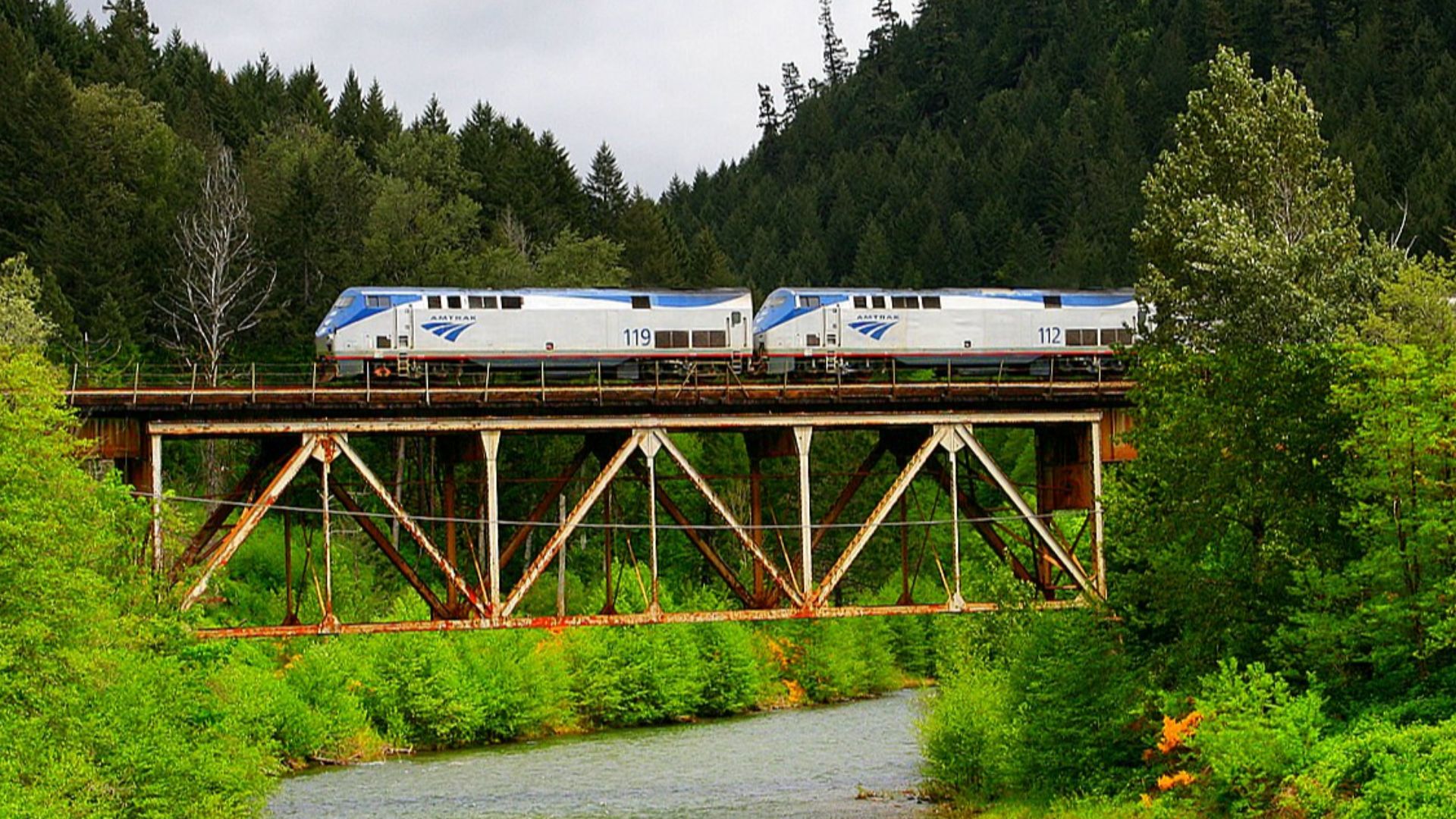 Amtrak's Coast Starlight crossing the North Fork of the Willamette River at Westfir, OR.