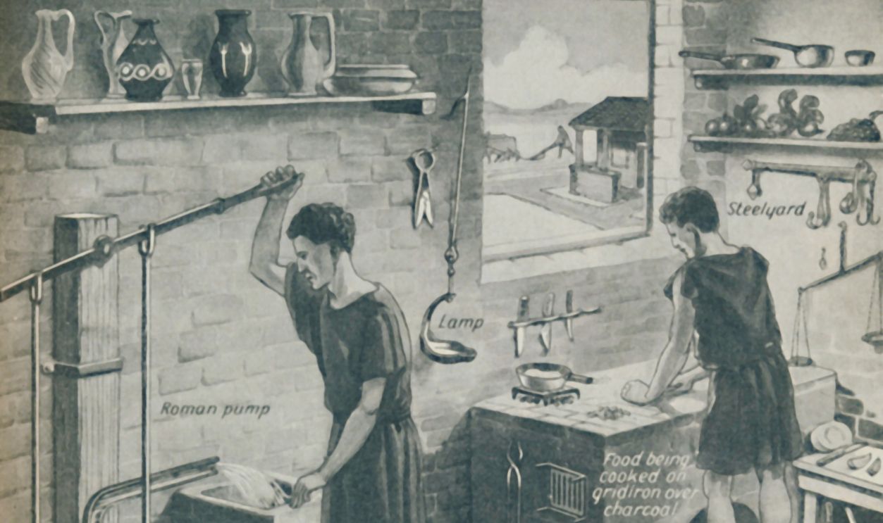 Gettyimages - 1020538424, The Culture The English Destroyed', circa 1934. Illustration showing a Roman kitchen in the 5th century AD, with a pump for drawing water up from a well.