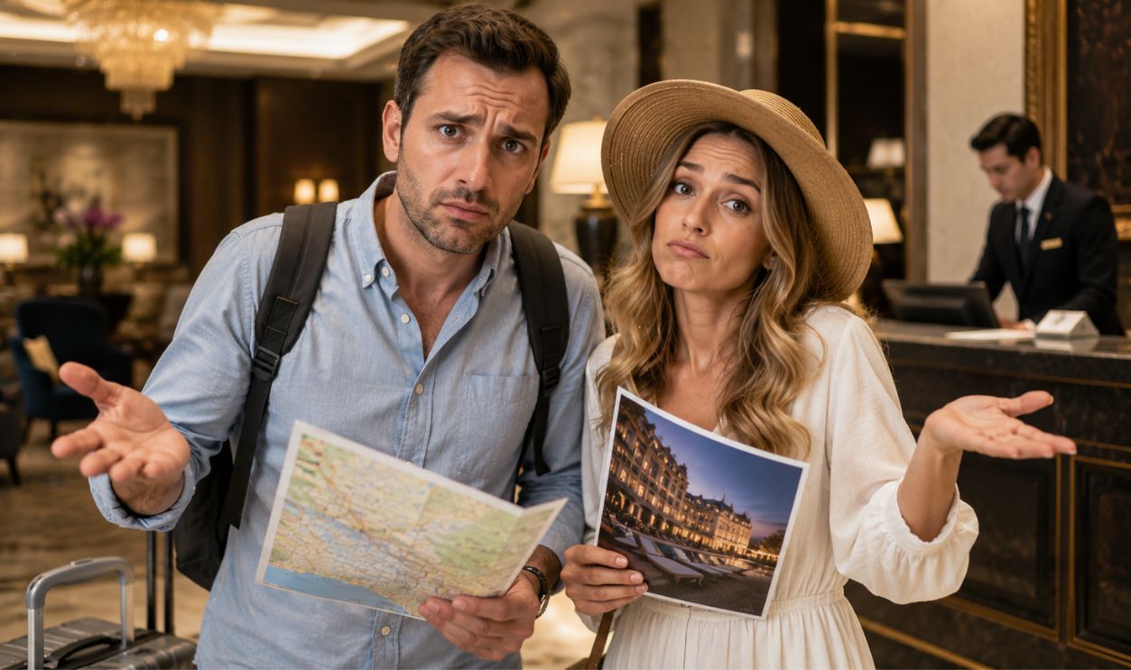 Frustrated travelers in elegant lobby