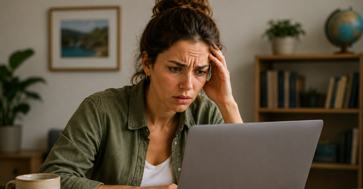 worried woman looking at computer