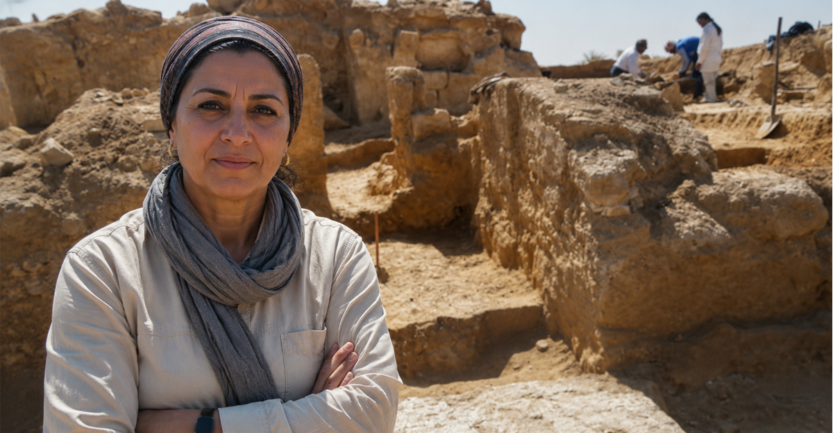 AI-generated image of female archaeologist standing in front of Egyptian archaeological site 