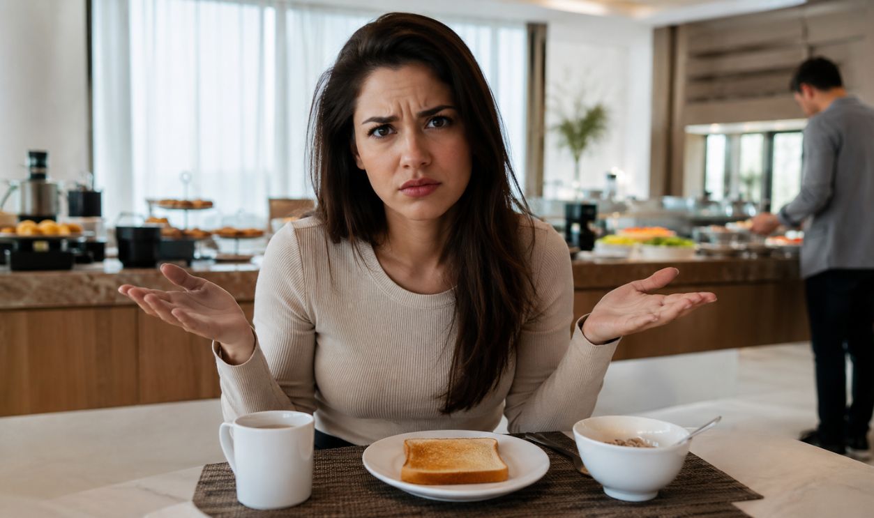 Confused breakfast moment in bright setting