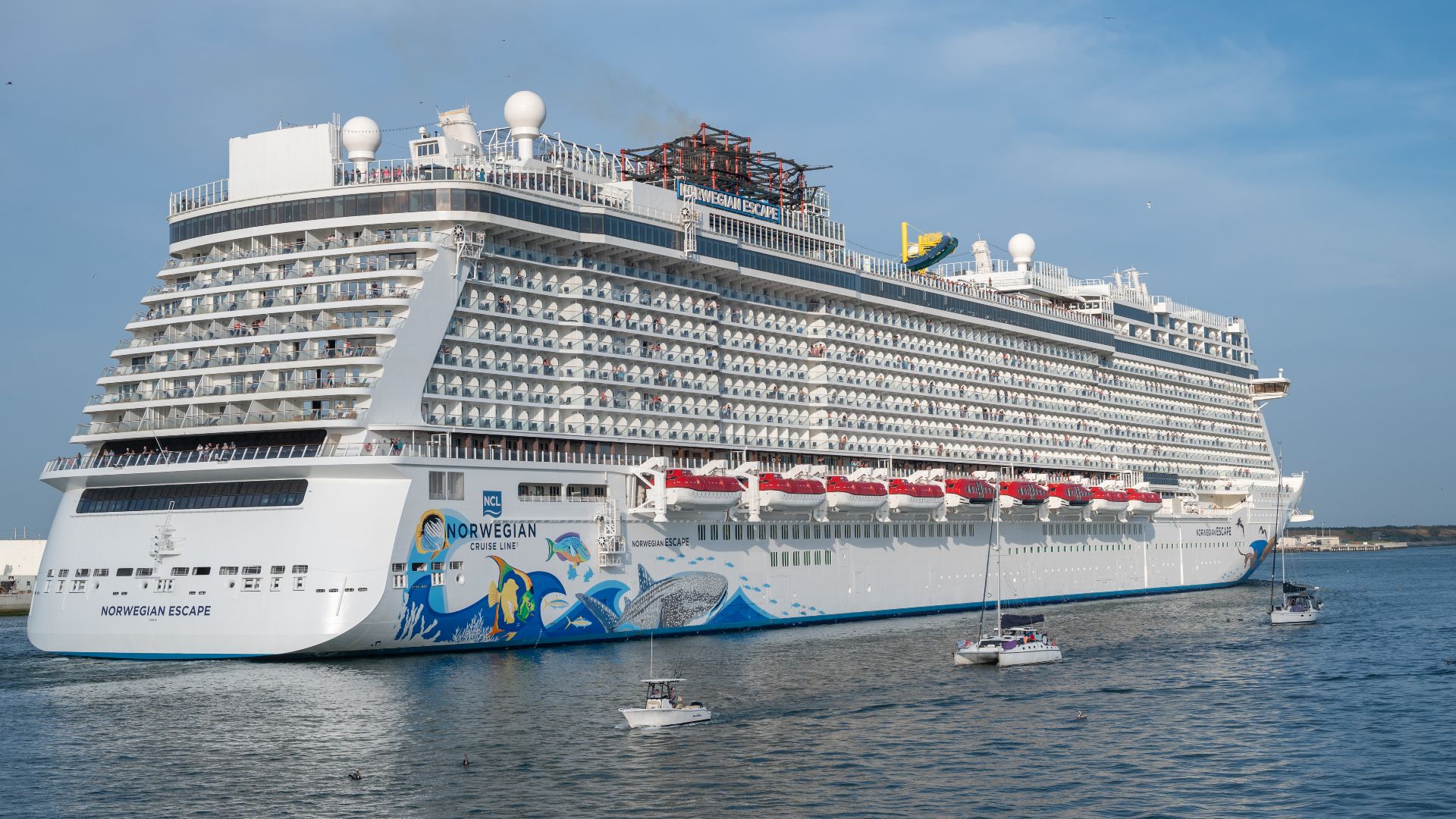 Cruise ship, NORWEGIAN ESCAPE - IMO 9677076, leaving the West Turning Basin at Port Canaveral, Florida USA on March 4, 2023.
