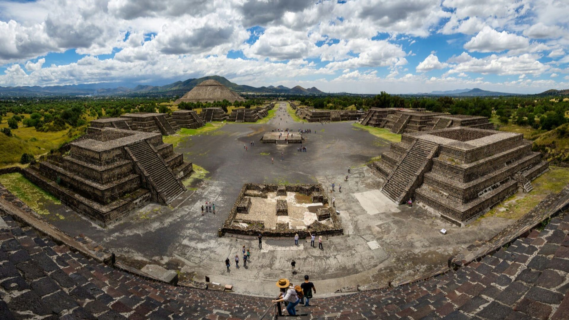 Panoramic view from the summit of the Pyramid of the Moon, with the Pyramid of the Sun on the far left.