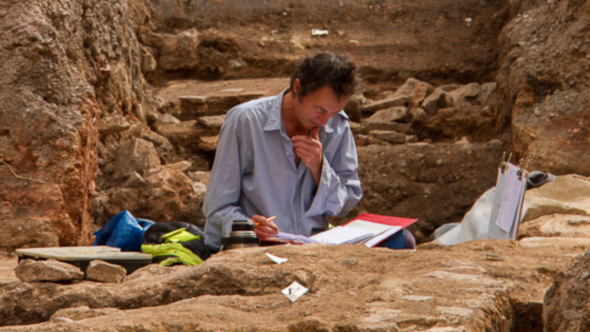Archaeological excavations in car park of the old Alderman Newton School, just off St Martins around the corner from Greyfriars. The archaeologist in the trench is at the site where the bones of a female were discovered. This was not a burial, but a charn