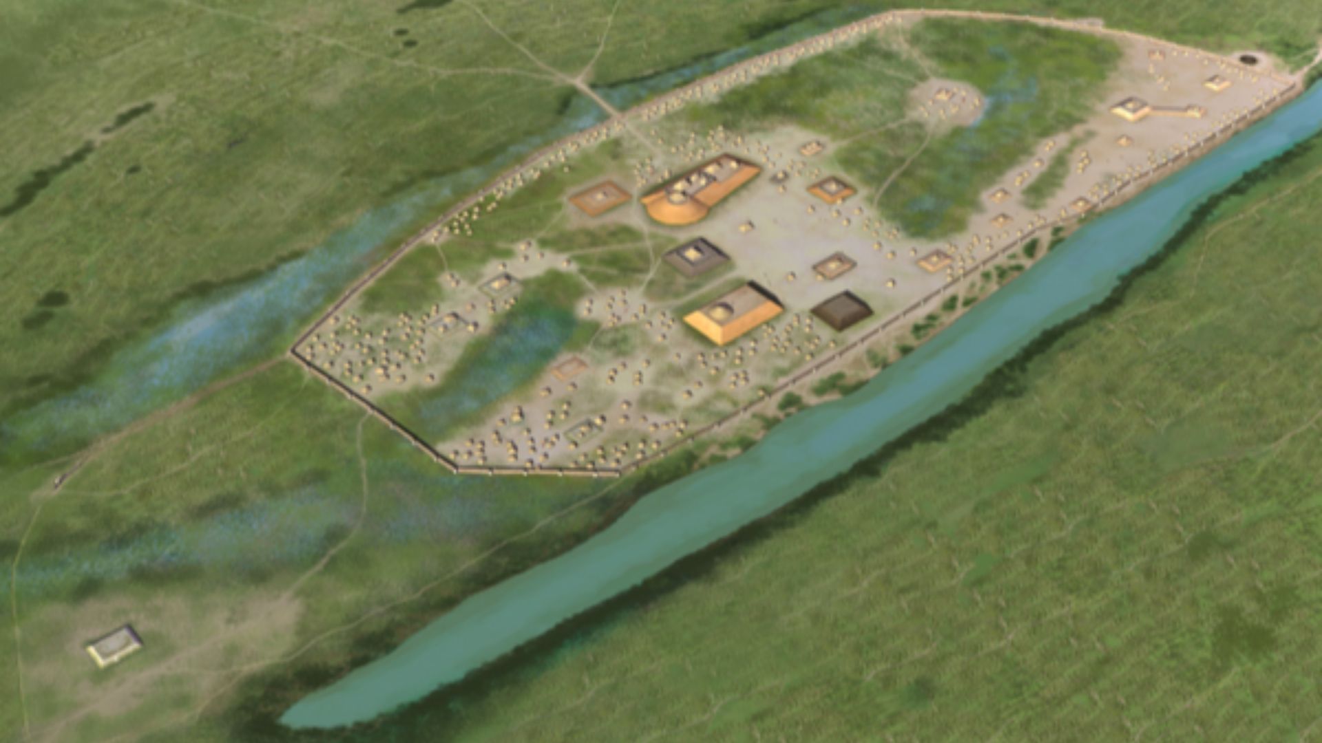 Artists conception of the late phase of the Kincaid Mounds Site circa 1300 CE. Kincaid is a Middle Mississippian Culture multi-mound archaeological site site located in Massac and Pope Counties, Illinois, USA. By this phase of the sites history the wester