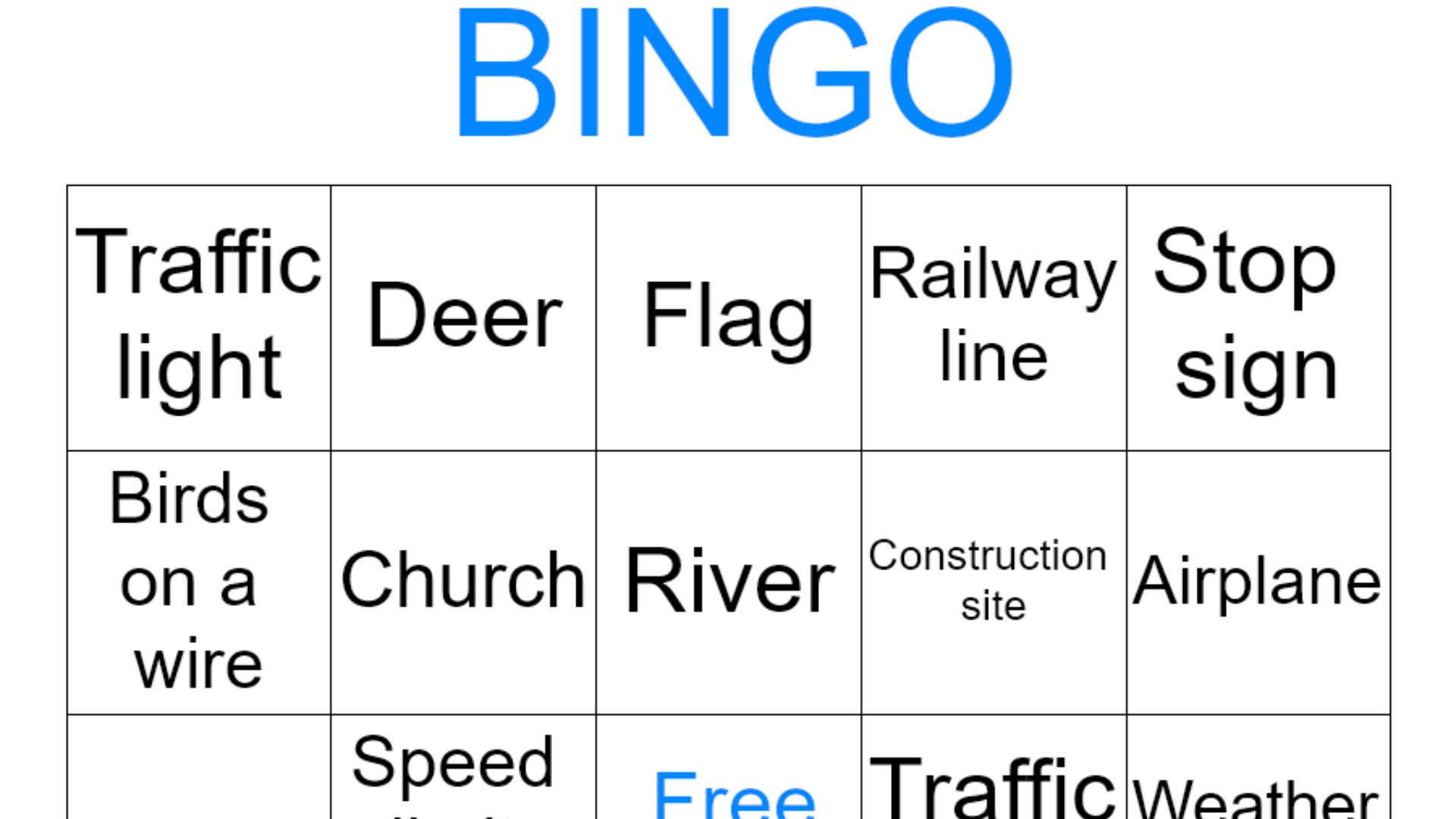 Example card for the game of en:road trip bingo.