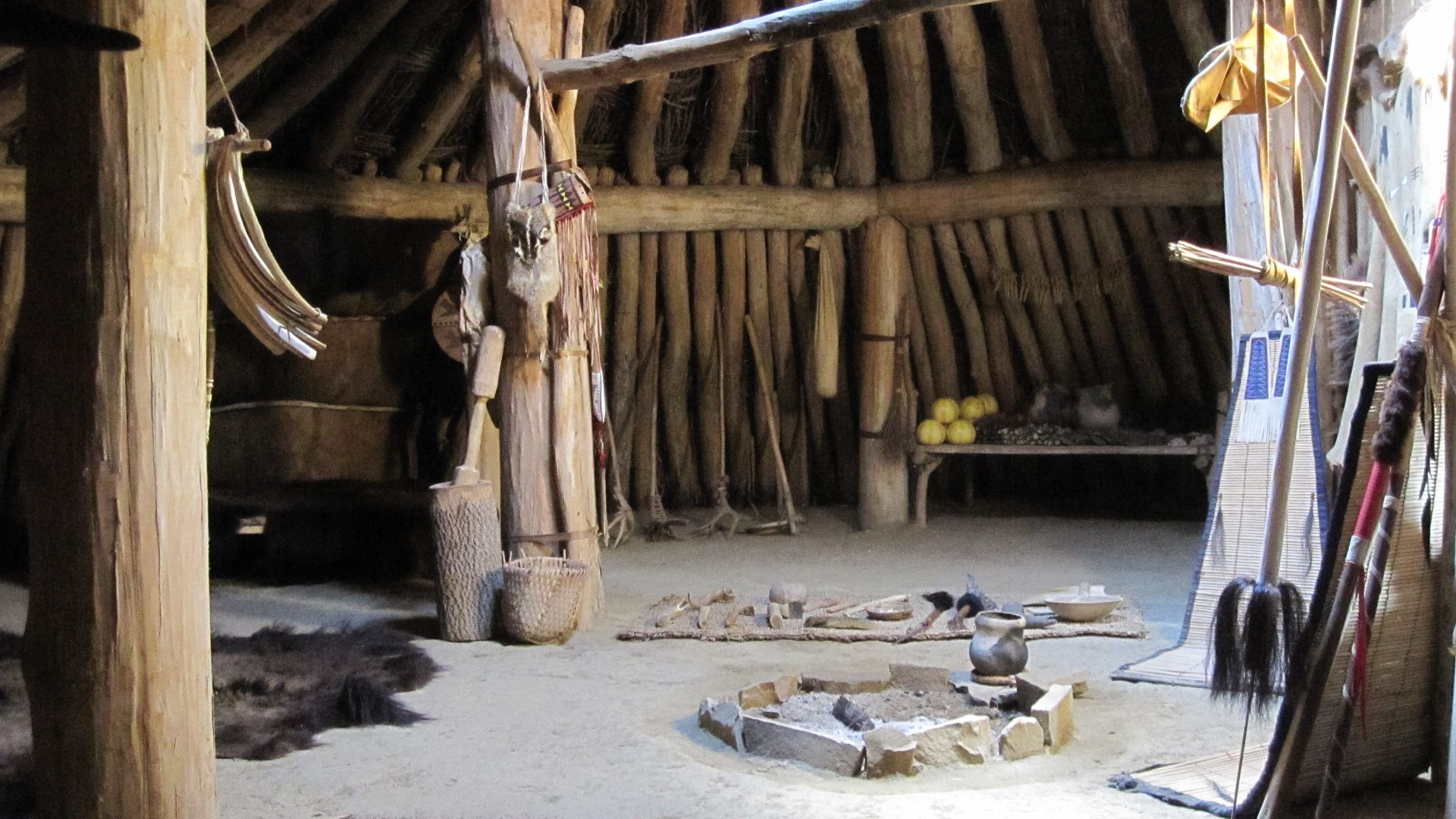 Reconstruction of a Mandan earthlodge interior at Fort Abraham Lincoln State Park south of Mandan, North Dakota