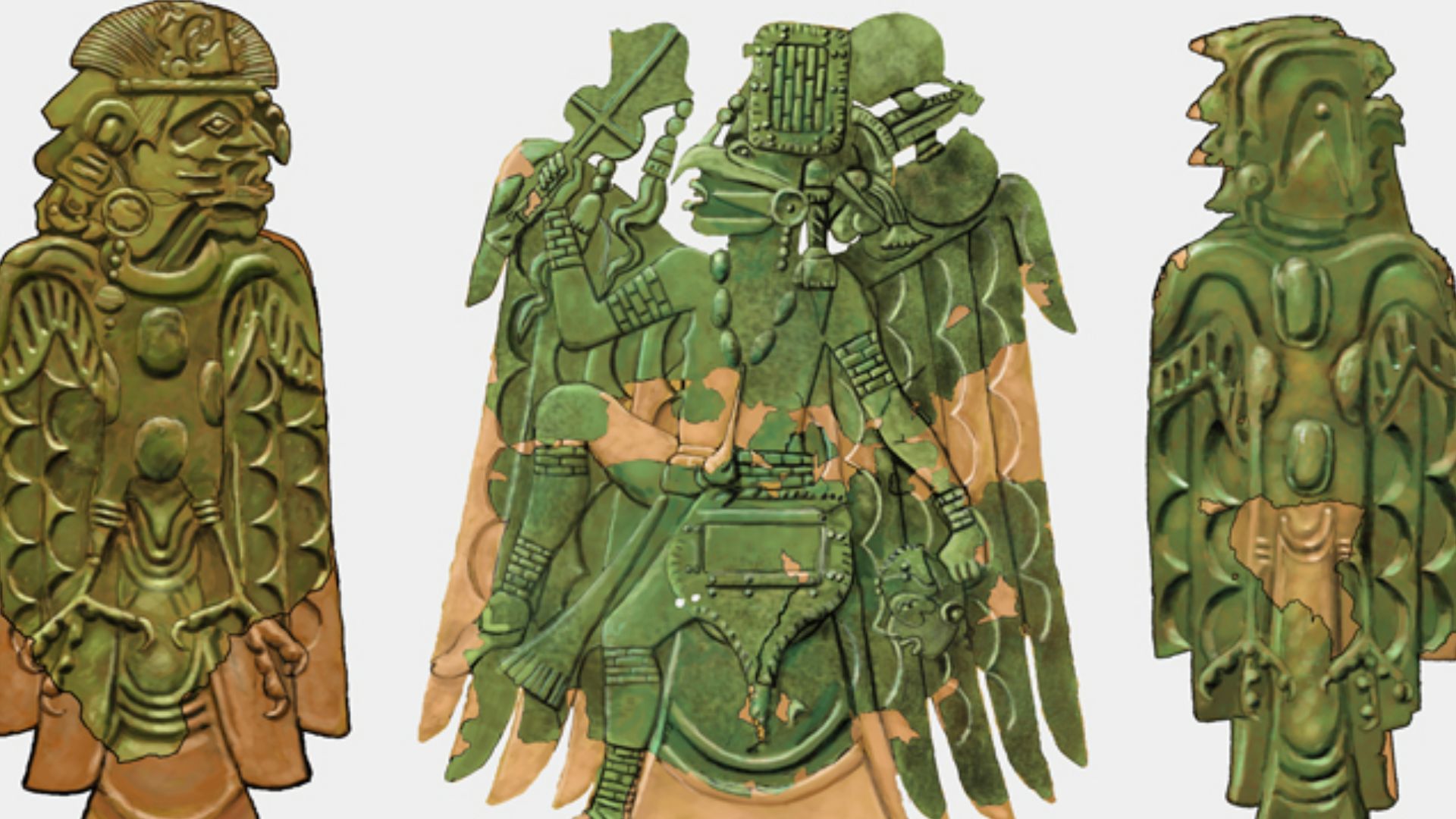 Three examples of Mississippian culture avian themed repoussé copper plates. The righthand figure is one of the Spiro plates from Spiro Mounds in Oklahoma. The left hand figure is Wulfing plate A, one of Wulfing cache from Malden, Missouri. The middle pla