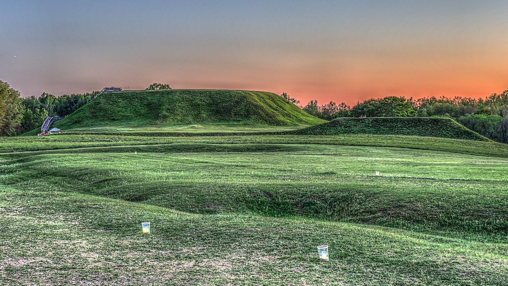 The Great Temple Mound (left) and the Lesser Mound (right)