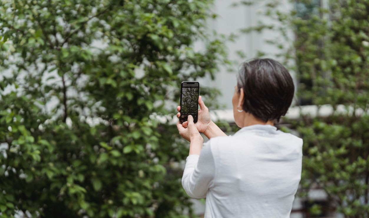 An adult woman snapping a photo with her smartphone outside in a green setting.