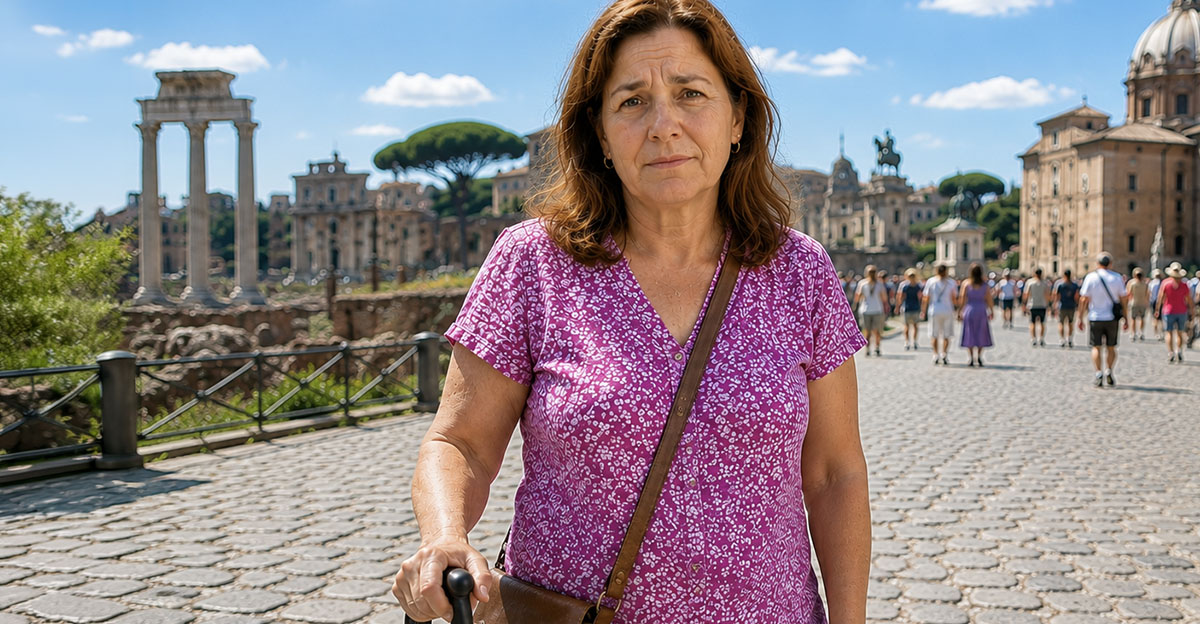 AI-generated image of a woman with mobility issues standing on a cobblestone street.