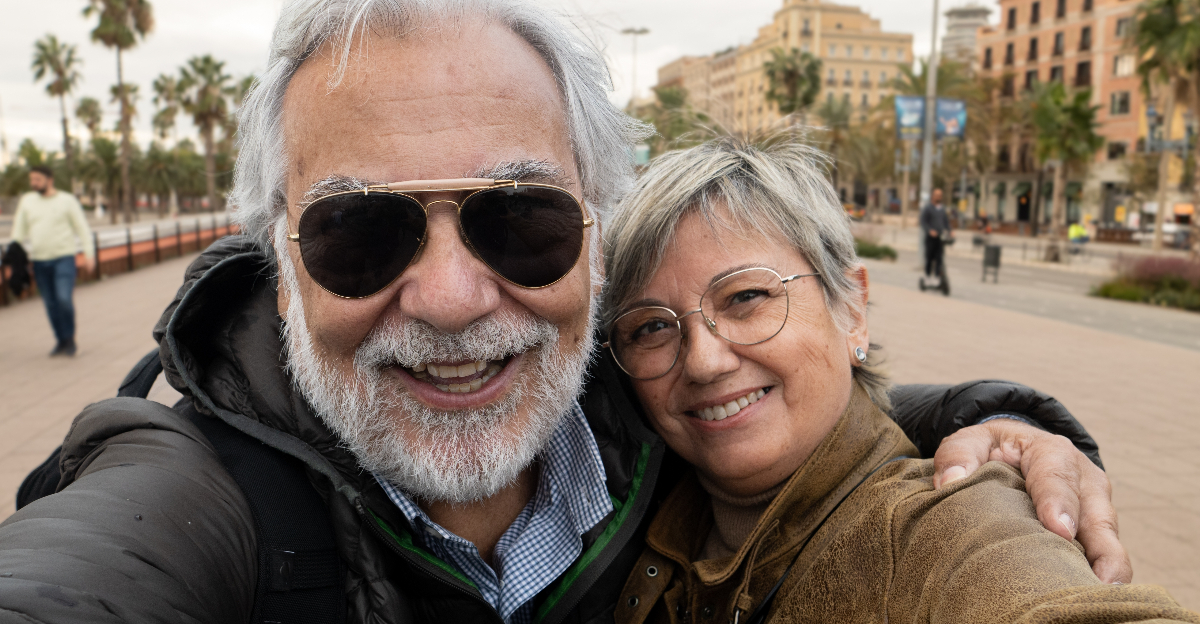 retired couple having fun in a city