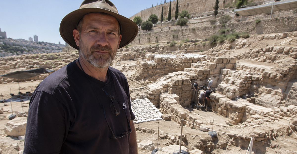 A researcher standing at an archaeology site