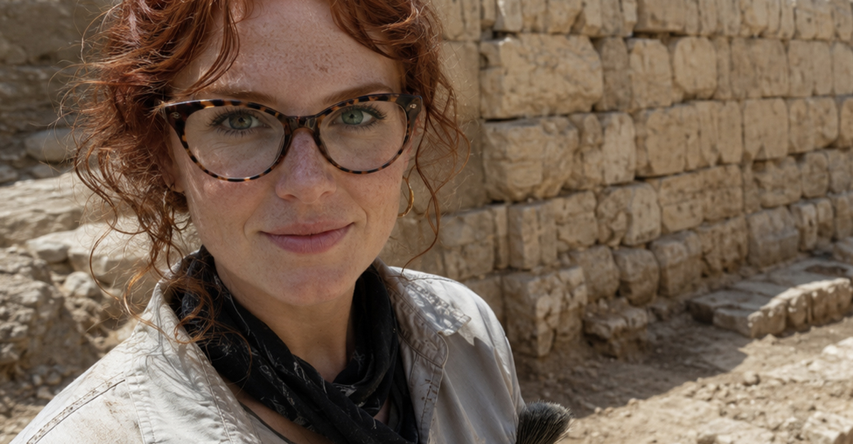 Archaeologist standing beside ancient wall