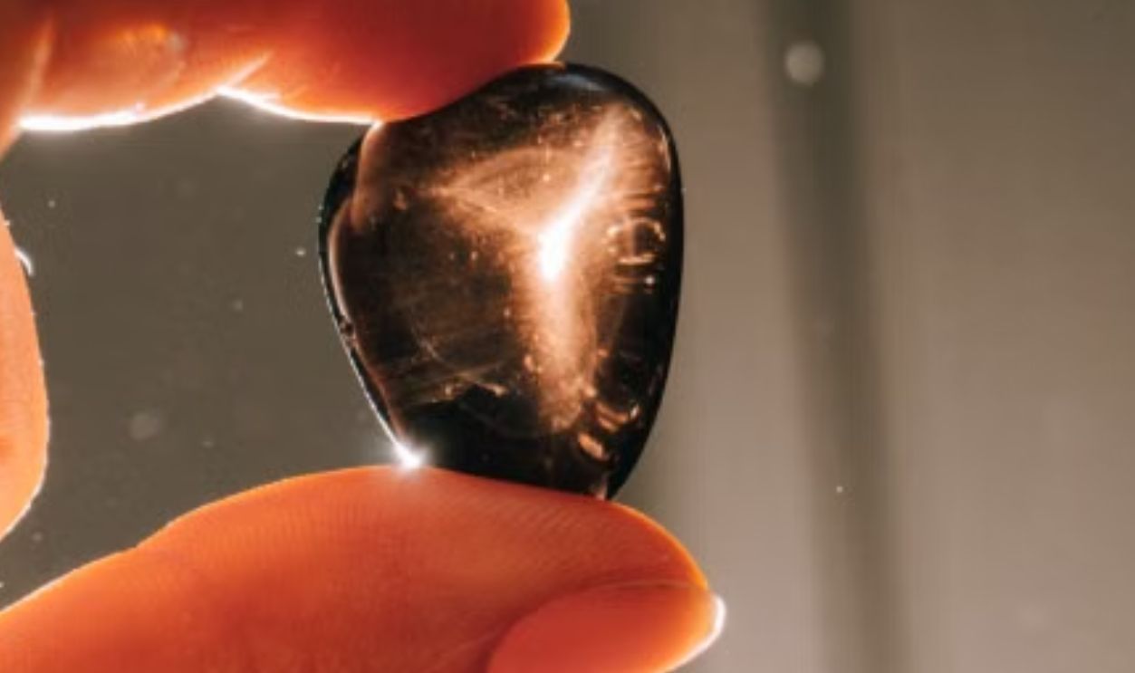 A hand holds a polished obsidian gemstone against a sunlit background, highlighting its reflective surface