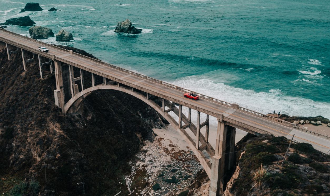 A stunning aerial view of Bixby Creek Bridge along the California coastline