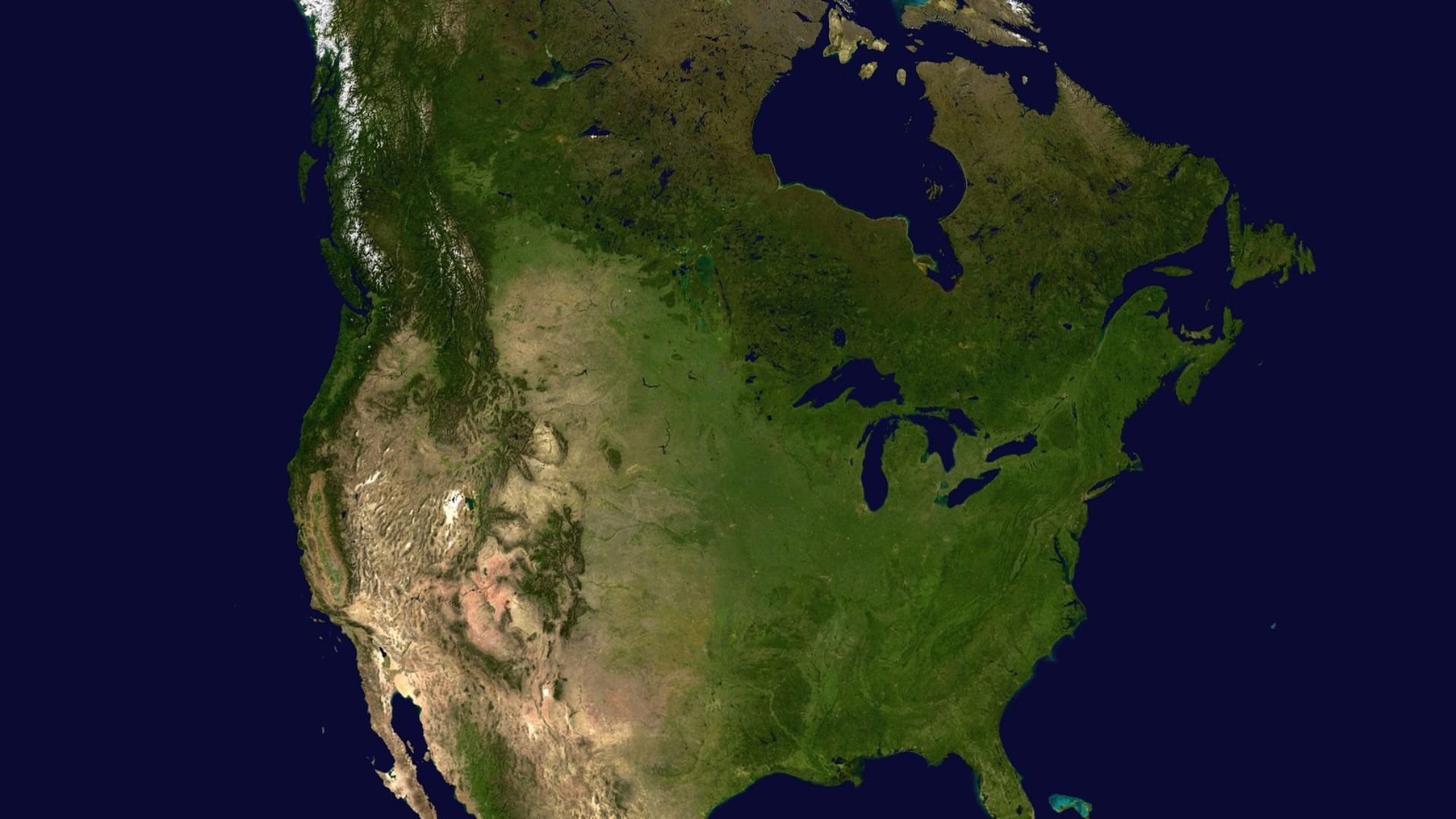 A composite satellite photograph of North America. The observer is centered at (40° N, 95° W), at Moon distance above the Earth.