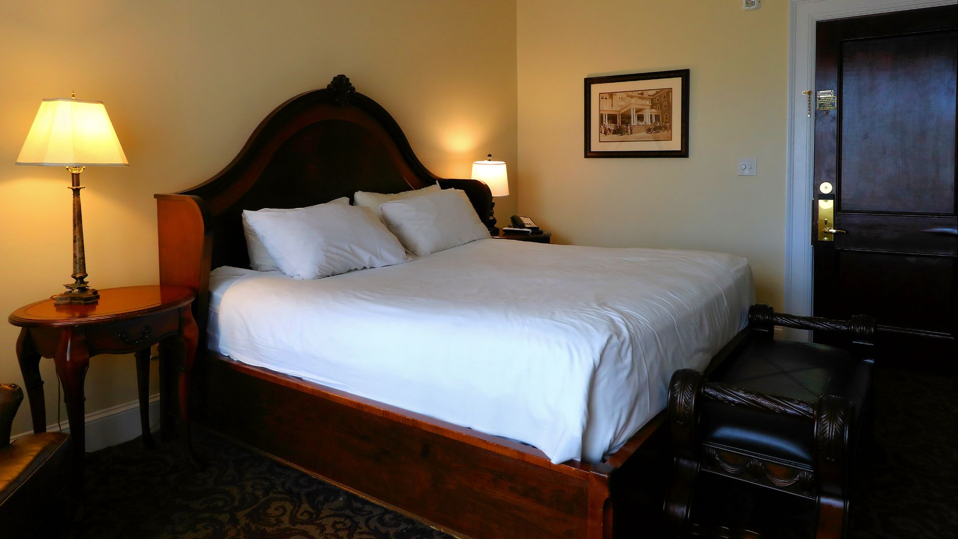 A standard room with a king bed at The Stanley Hotel in Estes Park, Colorado, United States.