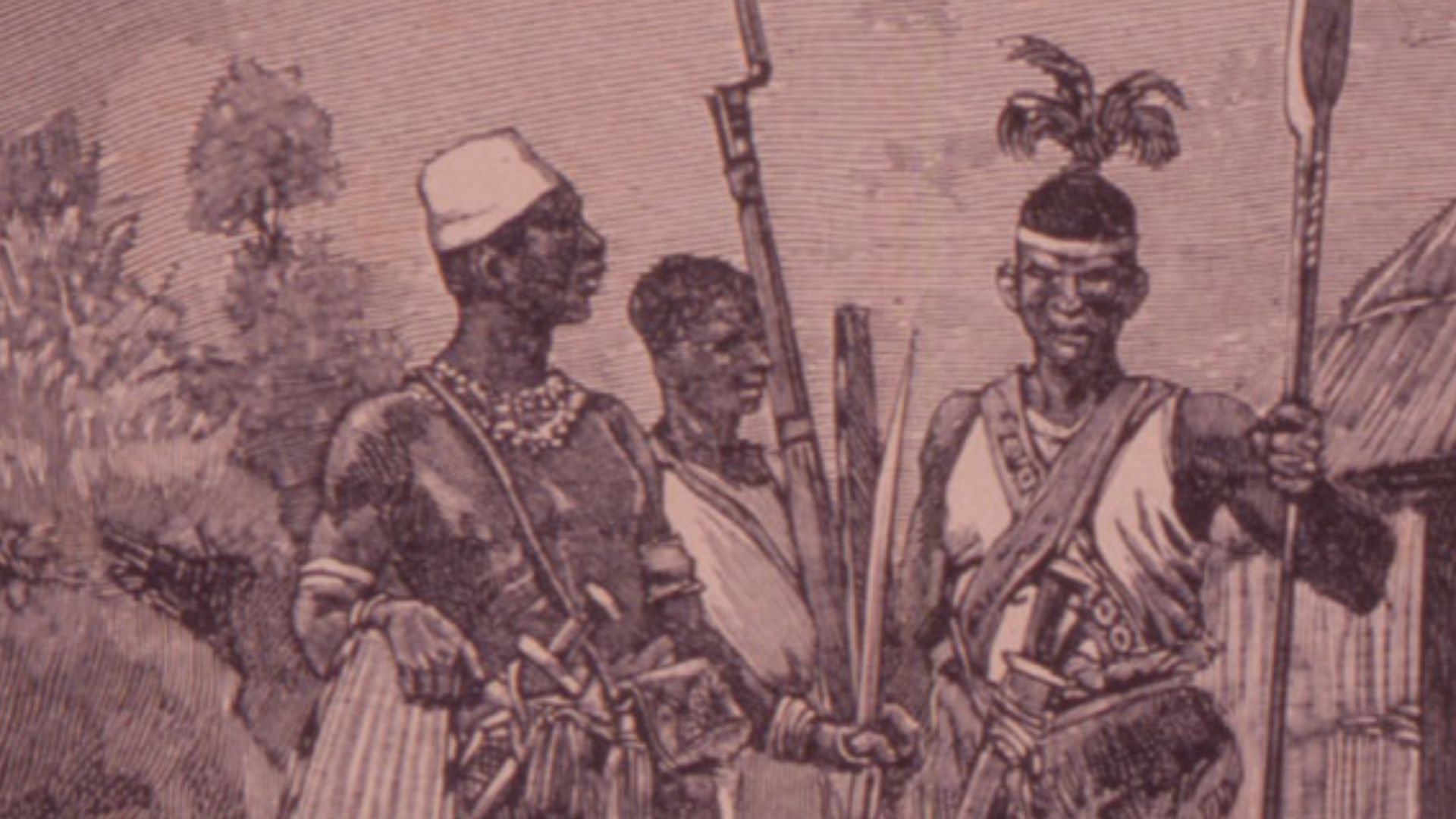 Trio of soldiers, armed with rifles, spears, swords, and shields