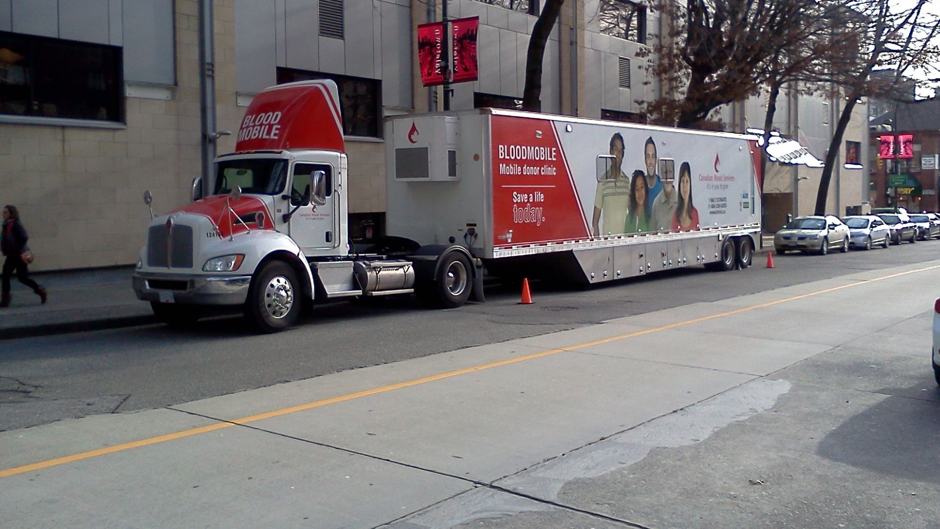 Canadian Blood Service Blood Mobile parked in Yaletown in downtown Vancouver.