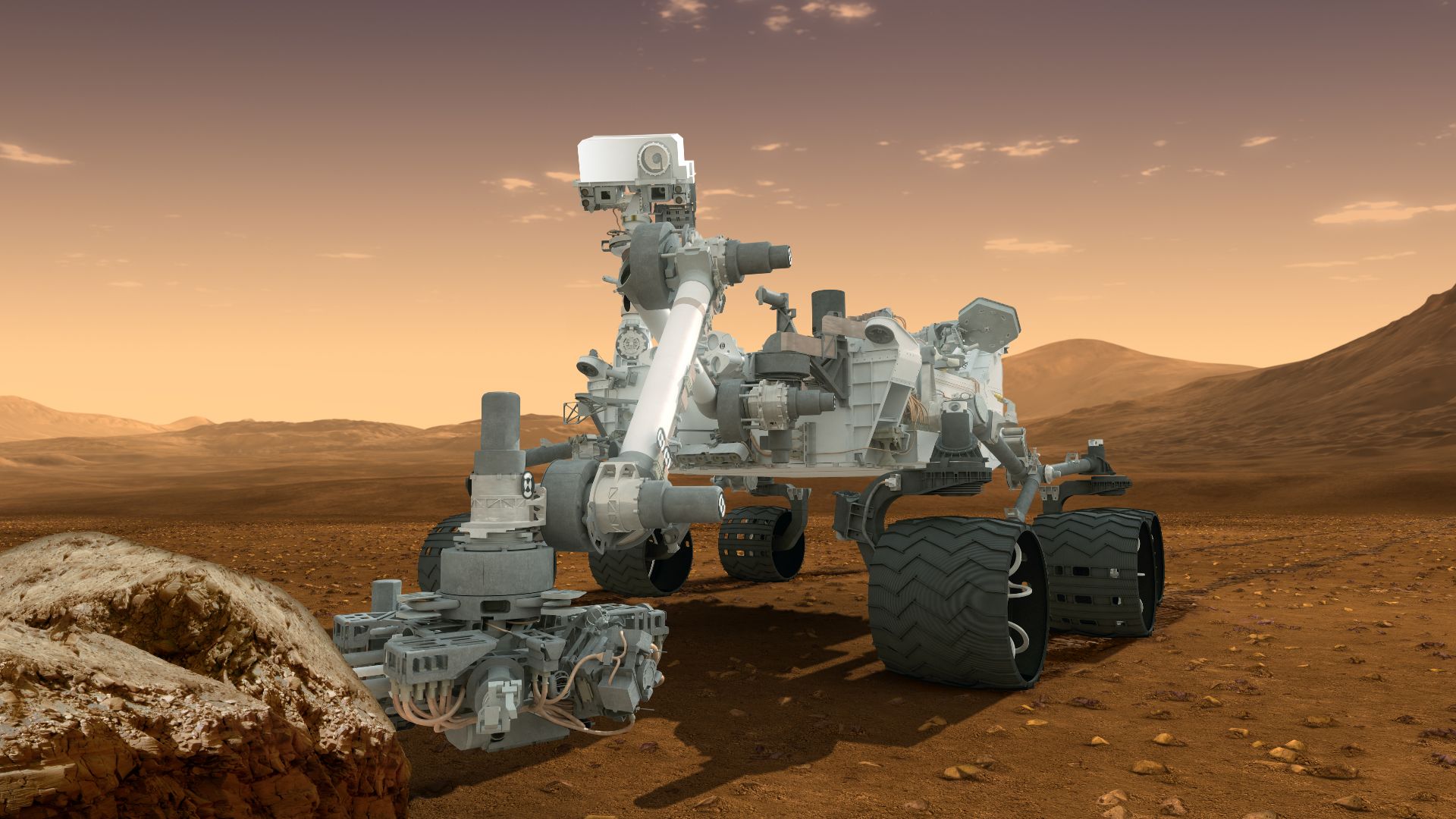 This artist's concept features NASA's Mars Science Laboratory Curiosity rover, a mobile robot for investigating Mars' past or present ability to sustain microbial life. Curiosity landed near the Martian equator about 10:31 p.m., Aug. 5 PDT (1:31 a.m. Aug.
