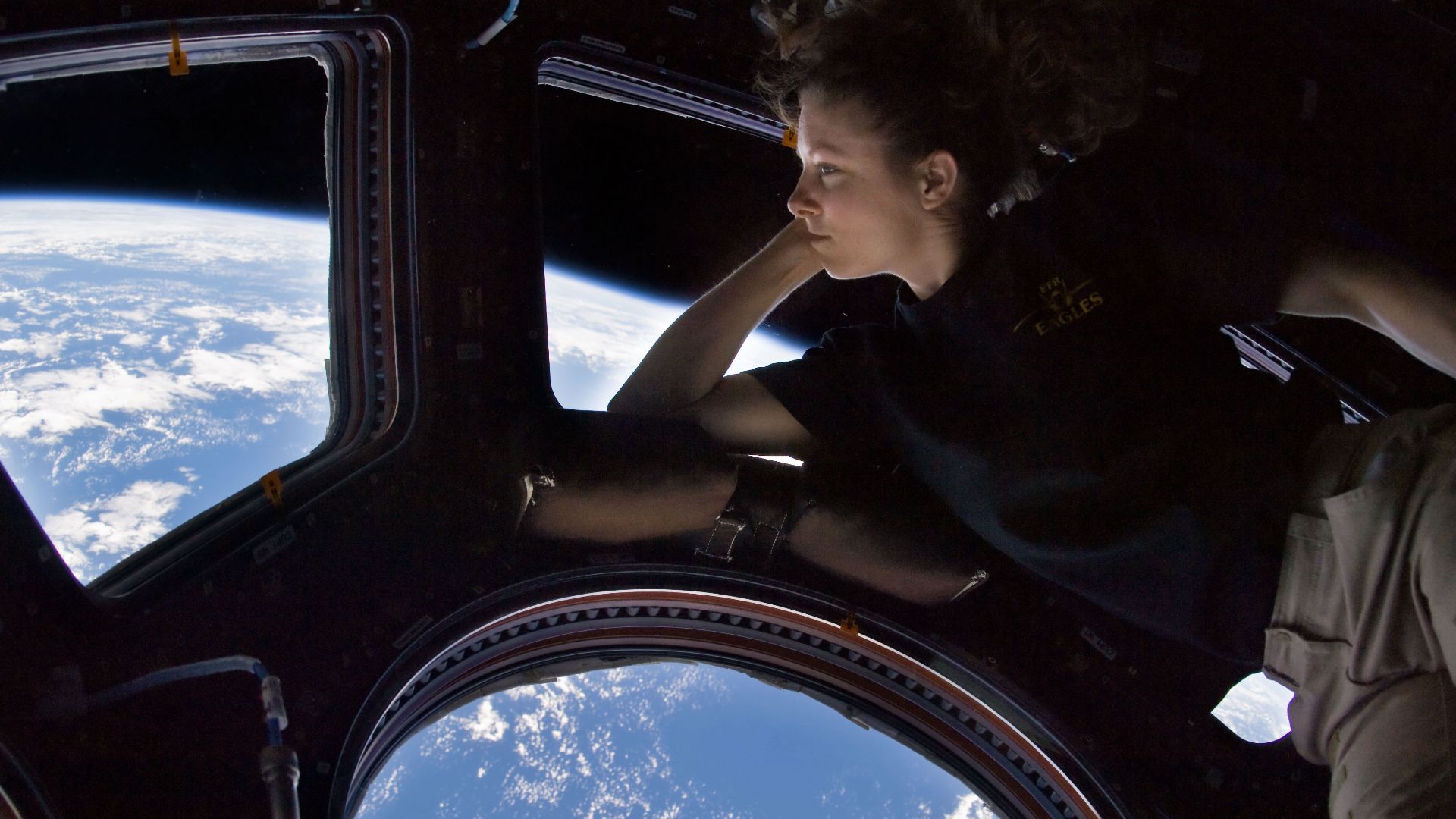 Self portrait of Tracy Caldwell Dyson in the Cupola module of the International Space Station observing the Earth below during Expedition 24.