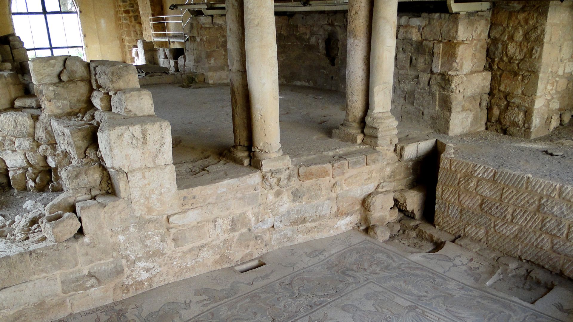 Interior of Hippolytus Hall with the Hippolytus mosaic on the floor. Located in the Archaeological Park of Madaba, Jordan.