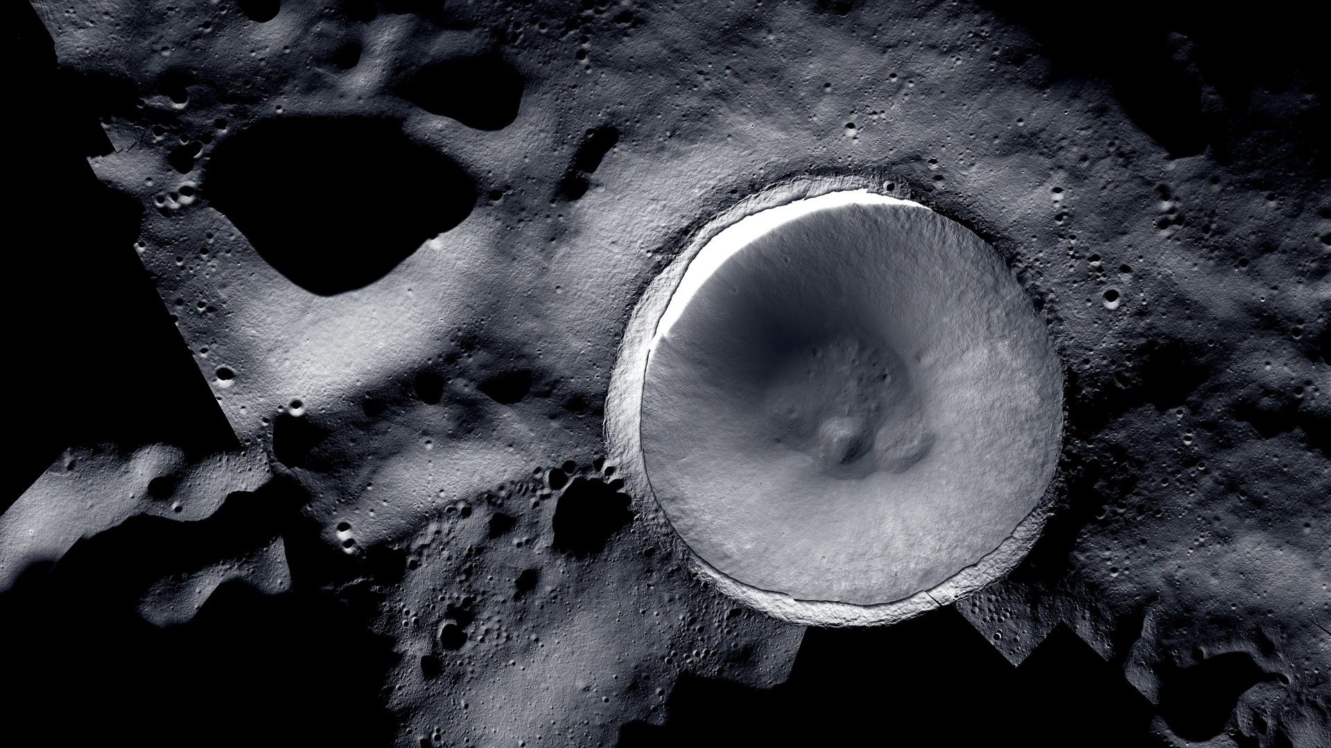 Shackleton Crater in the Lunar South Pole region, mosaic created by LROC (Lunar Reconnaissance Orbiter) and ShadowCam teams