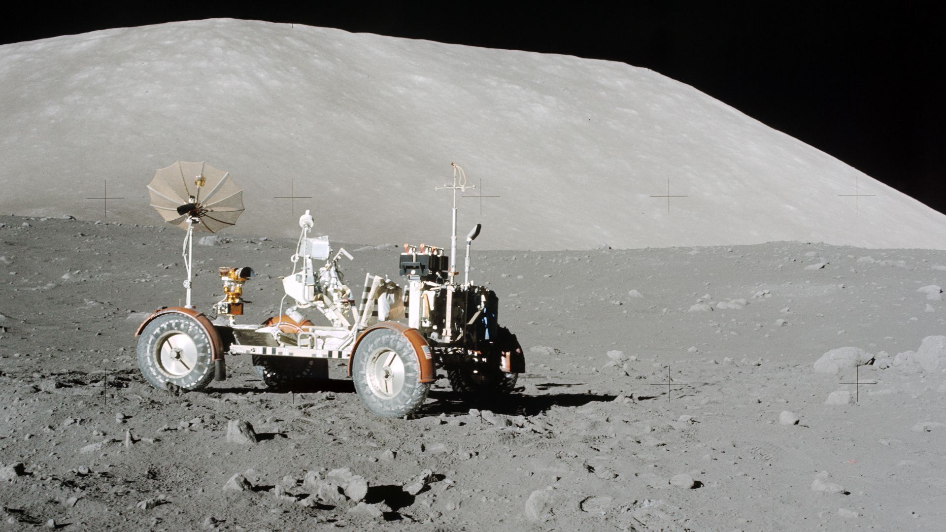 Apollo 17 mission, 12 December 1972. Lunar Roving Vehicle (LRV) at the Taurus-Littrow landing site.