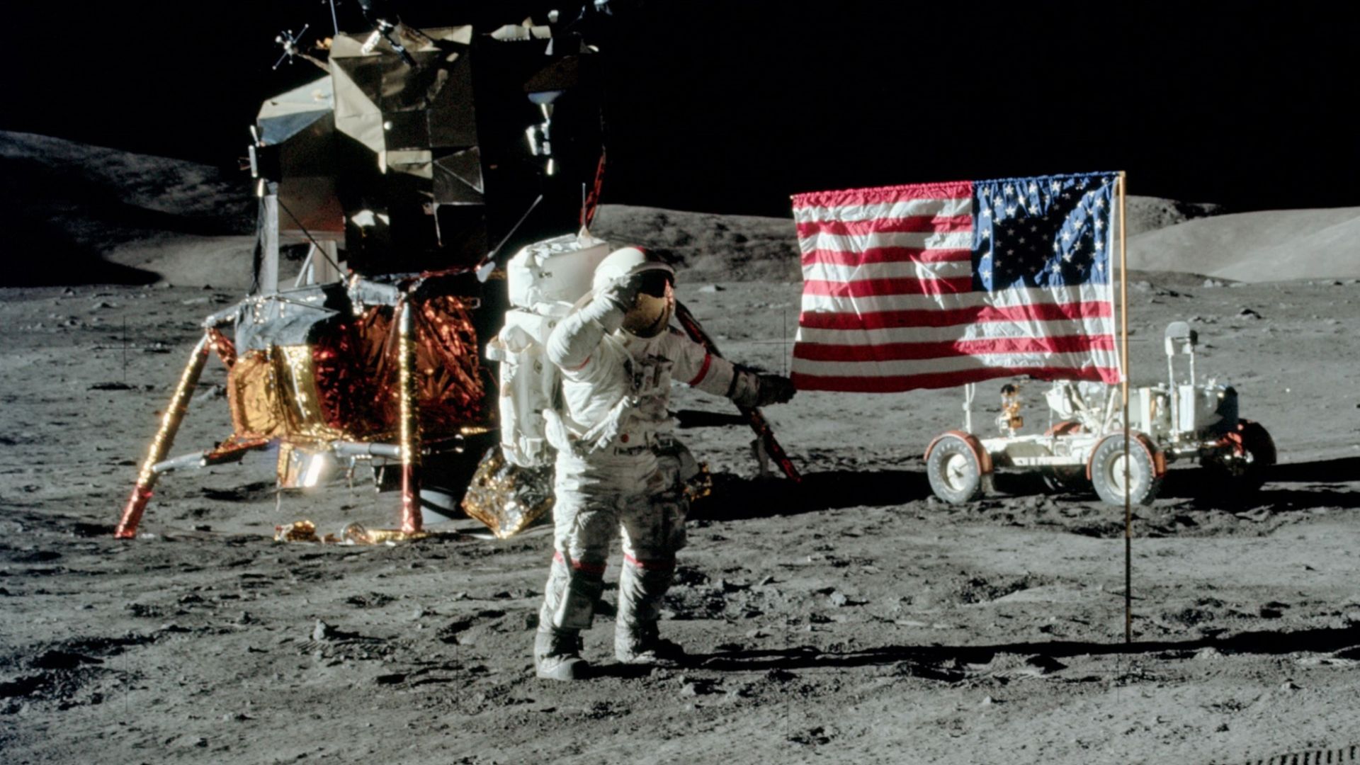 Eugene Cernan on the Moon during the Apollo 17 mission. Cropped version of Image AS17-134-20378.