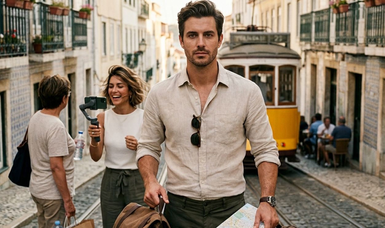 frustrated man carrying luggage and map, while a woman is vlogging in background