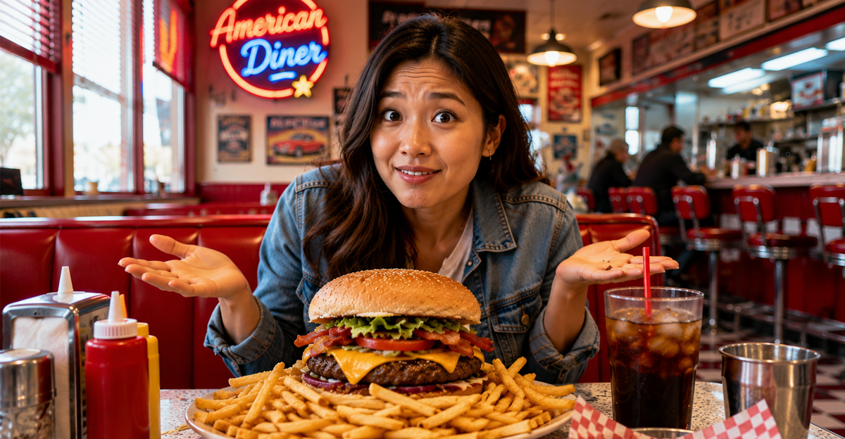 AI-generated image of Asian woman sitting in American diner, with large burger and plate of fries