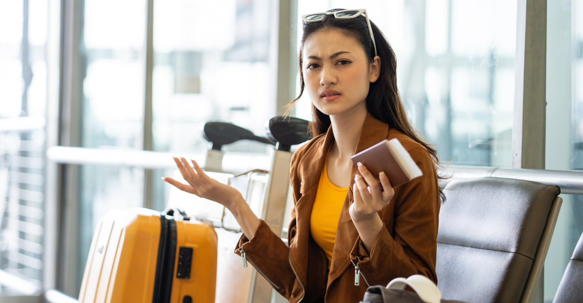 Unhappy young woman traveler disappointed with flight delay 