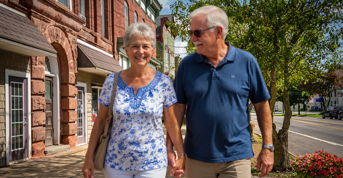 Composite of small town street with store fronts and AI-generated mature couple holding hands