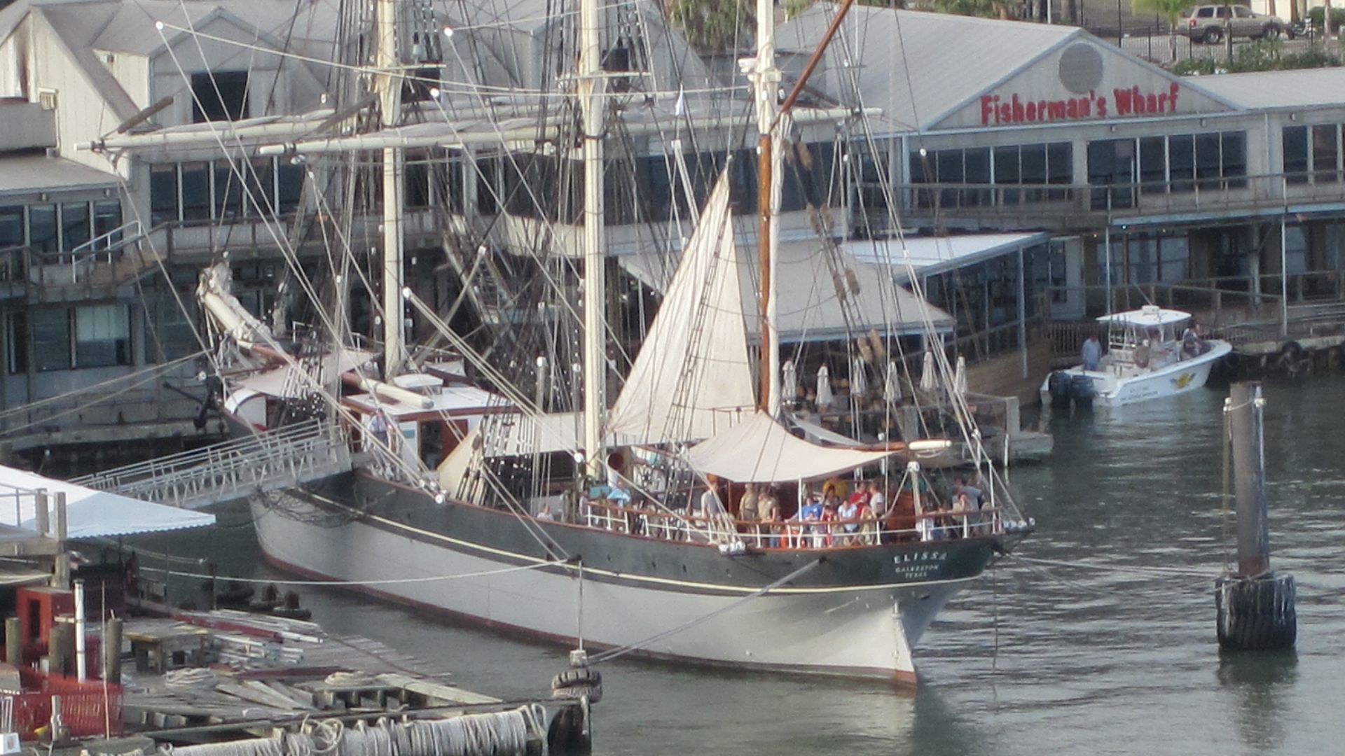 The Elissa moored in Galveston as viewed from the Carnival Ecstasy near the Fisherman's Wharf.