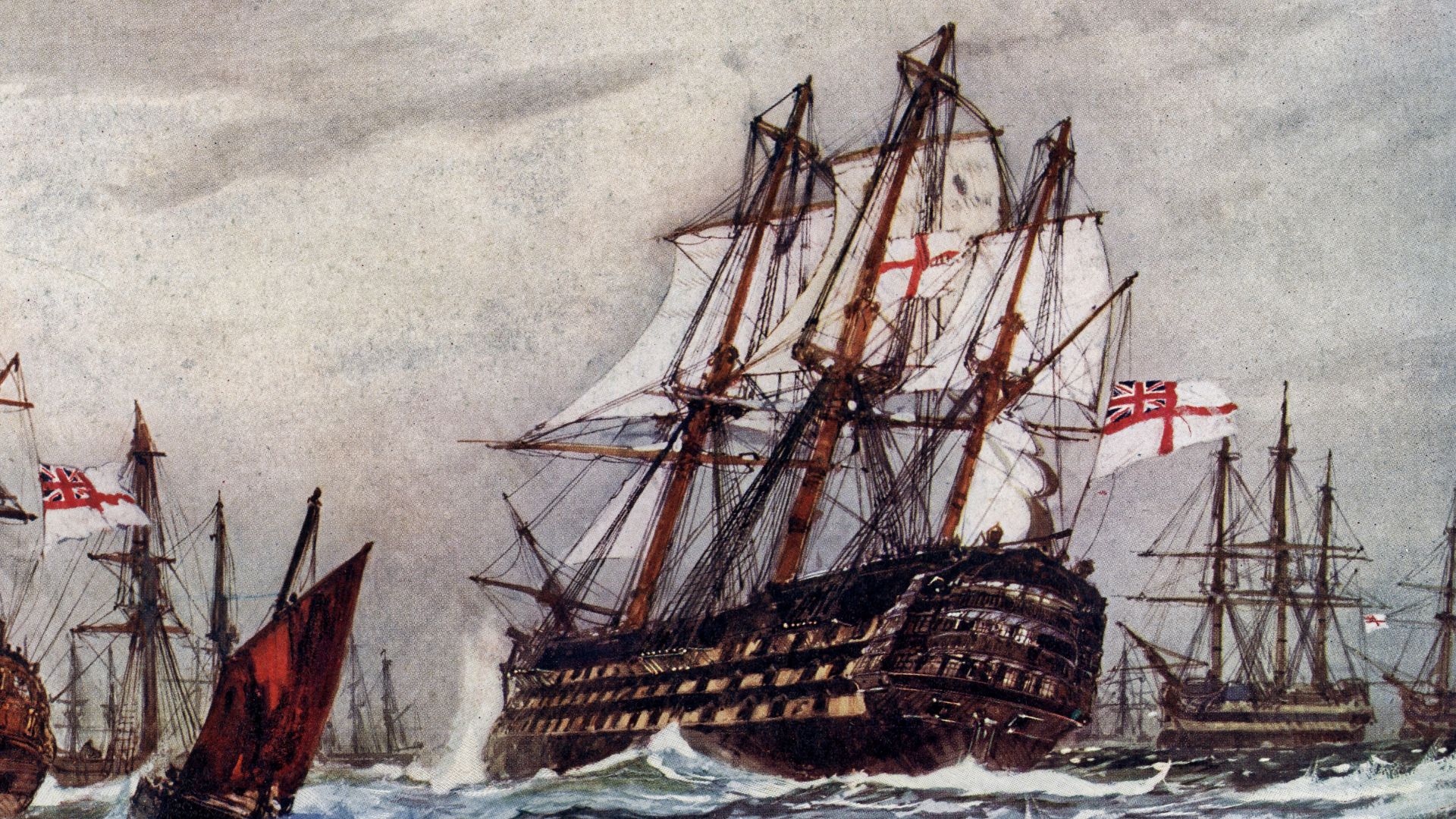 Bomb ketches saluting HMS Victory in December 1805, after Nelson's victory at Trafalgar on 20 October. Painted by Charles Edward Dixon.Scanned image using an Epson Perfection V800.