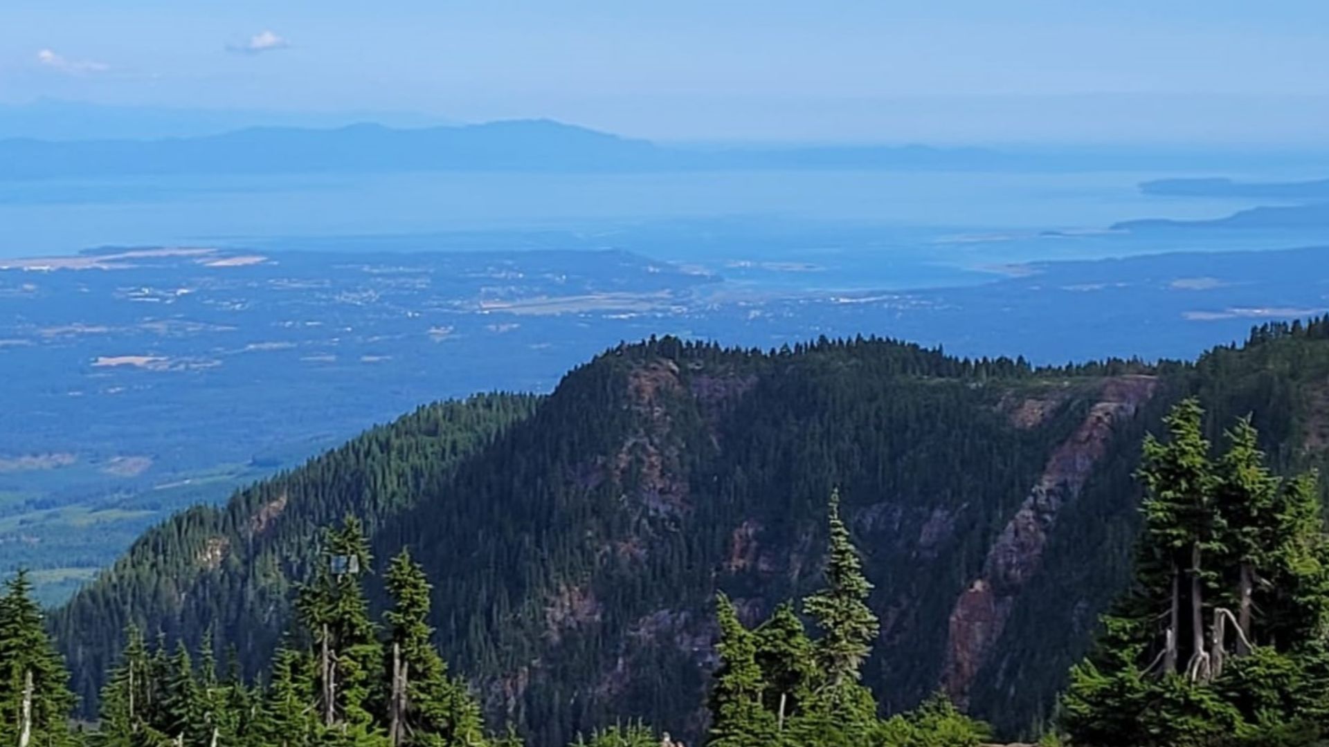 A view of Comox Valley from Mount Washington, with Georgia Strait and Texada Island in the background on Vancouver Island, Canada