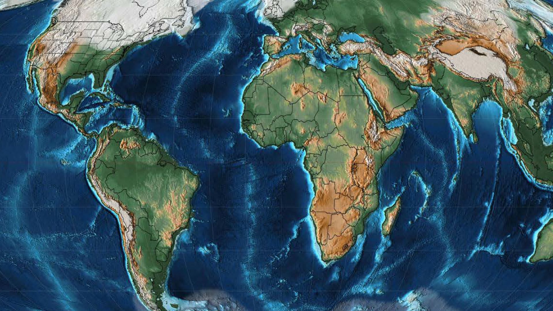 A mollweide map of Earth 21,000 years ago, overlayed by a black outline of present-day countries in their respective locations.